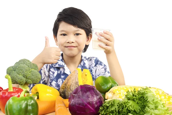 Asian Healthy Boy Showing Happy Expression Glass Milk Variety Fresh — Stock Photo, Image