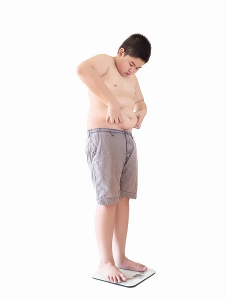Kövér Fiú Lágy Fókusz Csalódást Kövérség Állva Súlyú Gép Elszigetelt — Stock Fotó