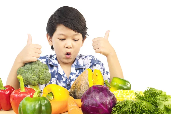 Asian Healthy Boy Showing Happy Expression Variety Fresh Colorful Vegetable — Stock Photo, Image