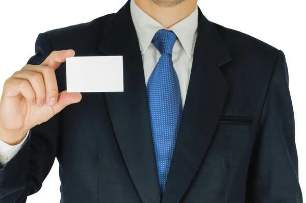 Empresário Está Segurando Mostrando Cartão Branco Branco Isolado Sobre Fundo — Fotografia de Stock