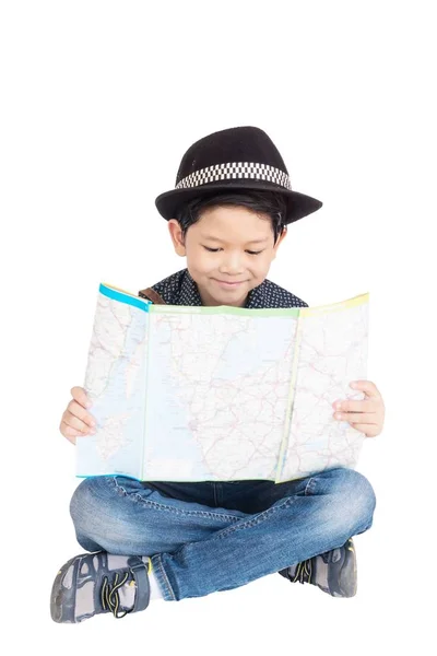 Лет Азиатский Мальчик Путешественник Счастливо Сидит Смотрит Карту — стоковое фото