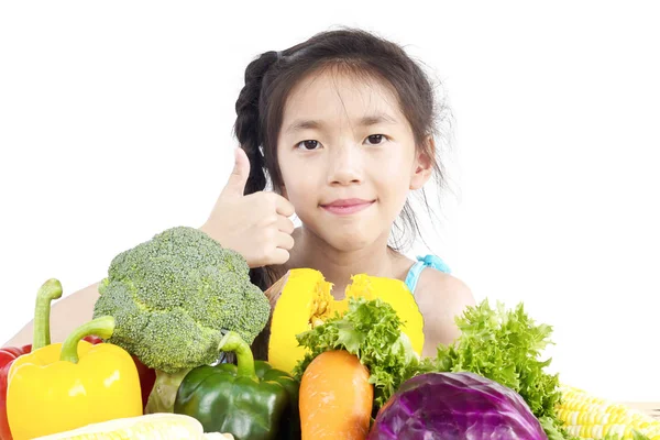 Υπέροχο Κορίτσι Της Ασίας Δείχνουν Απολαύστε Έκφραση Φρέσκα Πολύχρωμα Λαχανικά — Φωτογραφία Αρχείου