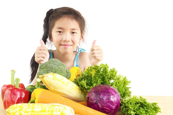 Asian Lovely Girl Showing Enjoy Expression Fresh Colorful Vegetables Isolated — Stock Photo, Image