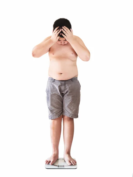 Kövér Ázsiai Fiú Csalódást Keltő Kövérség Állva Súlyú Gép — Stock Fotó