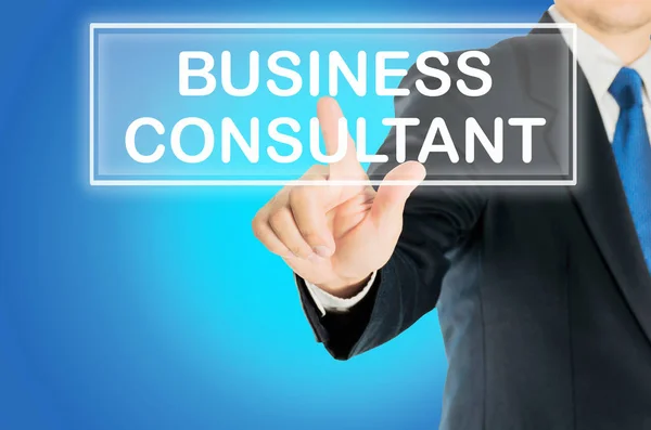 ビジネスの男性は青いグラデーションの背景 ビジネス コンセプトにビジネス コンサルタント透明ボタン Word を推進しています — ストック写真
