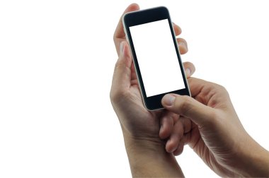İzole erkek ellerini tutmuş ve beyaz boş ekran akıllı cep telefonu giriş sayfası düğmesini.