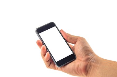 Beyaz boş ekran akıllı cep telefonu tutan erkek el