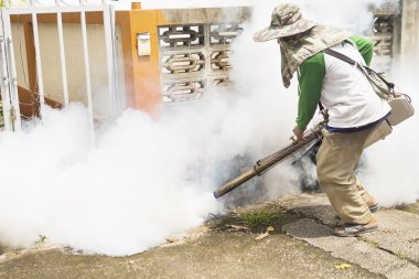 Adam yayılan sivrisinek korumak için termal sis makinesi kullanıyor