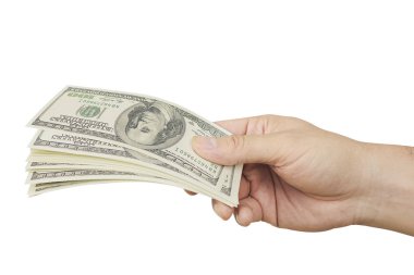 Beyaz bitti izole doları banknot para vermekten el - fotoğraf kırpma yolu içerir