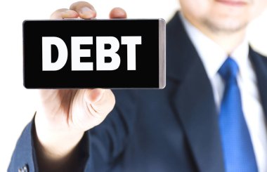 Cep telefonu ekran bulanık genç işadamı borç word el Beyaz arka plan üzerinde iş kavramı