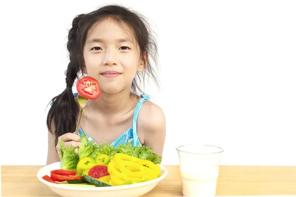 Asian Lovely Girl Showing Enjoy Expression Fresh Colorful Vegetables Glass — Stock Photo, Image