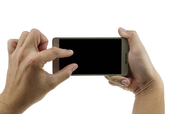 Isolated Male Hands Holding Mobile Phone Blank Black Screen Take — Stock Photo, Image