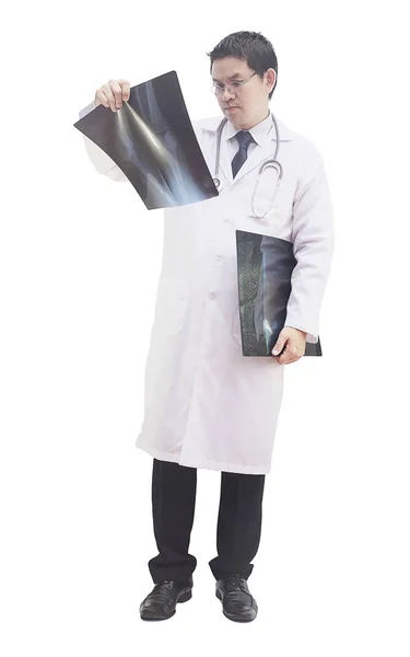 Male Doctor Standing Examine Ray Film Isolated White — Stock Photo, Image