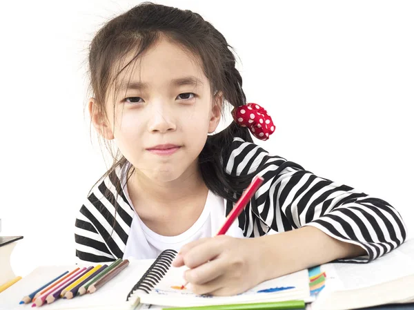 Asian Lovely Girl Doing Homework Coloring Drawing Book — Stock Photo, Image