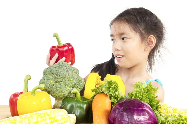 Asian Lovely Girl Showing Enjoy Expression Fresh Colorful Vegetables Isolated — Stock Photo, Image