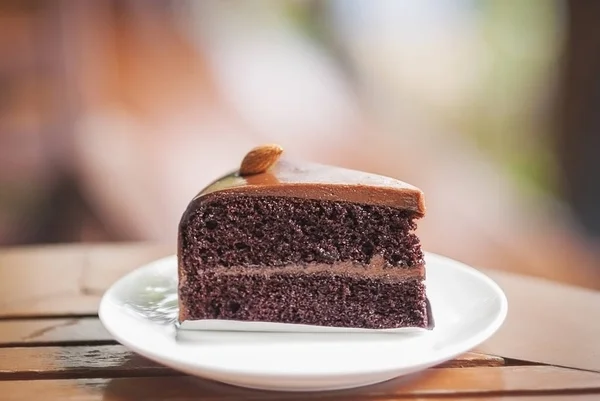 Piece Chocolate Cake Wooden Table — Stock Photo, Image