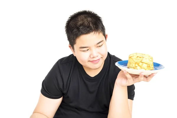Jahre Asiatisches Kind Zeigt Glücklich Reis Mit Gebratenem Omelett — Stockfoto