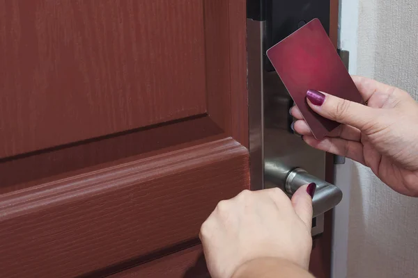 Lady Using Key Card Opening Door Hotel Room — Stock Photo, Image
