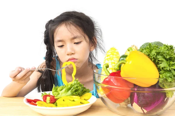 Asian Lovely Girl Showing Boring Expression Fresh Colorful Vegetables Isolated — Stock Photo, Image