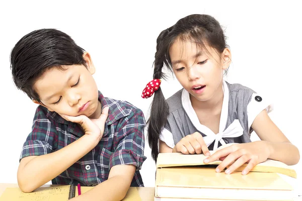 Hermana Tratar Enseñar Hermano Menor Travieso Leer Libro Aislado Sobre — Foto de Stock