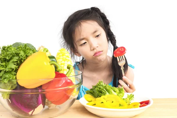 Asiatische Schöne Mädchen Zeigen Langweiligen Ausdruck Mit Frischem Bunten Gemüse — Stockfoto