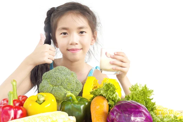 Asian Lovely Girl Showing Enjoy Expression Fresh Colorful Vegetables Glass — Stock Photo, Image