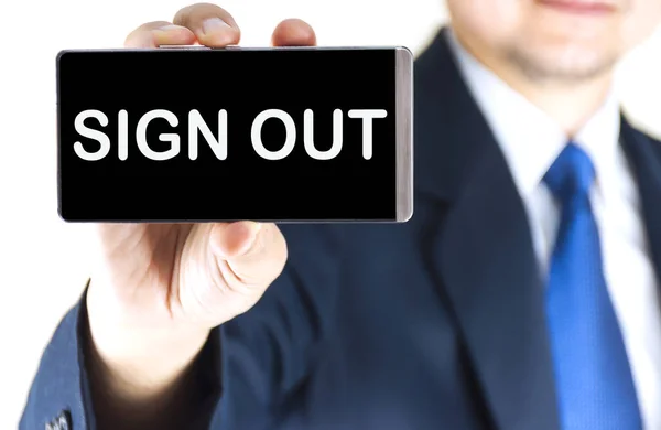Sign Out Word Mobile Phone Screen Blurred Young Businessman Hand — Stock Photo, Image