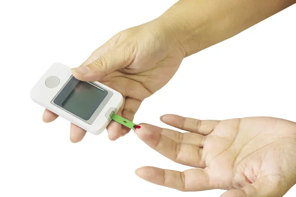 Mujer Está Revisando Diabetes Usando Kit Análisis Sangre Aislado Sobre — Foto de Stock