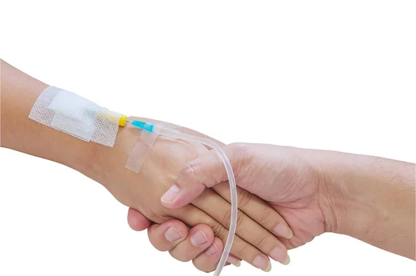 Man Die Vrouw Patiënt Hand Met Een Buis Van Geneeskunde — Stockfoto