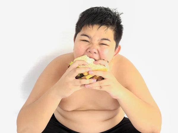Dicker Junge Isst Fröhlich Sandwich — Stockfoto