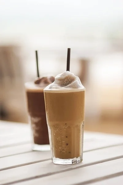 Blended ice coffee against blurred background