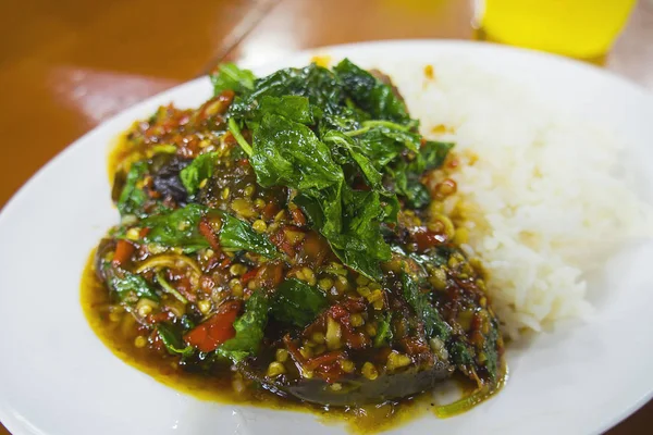 Albahaca Fría Frita Estilo Tailandés Con Cerdo Picado Huevo Arroz — Foto de Stock