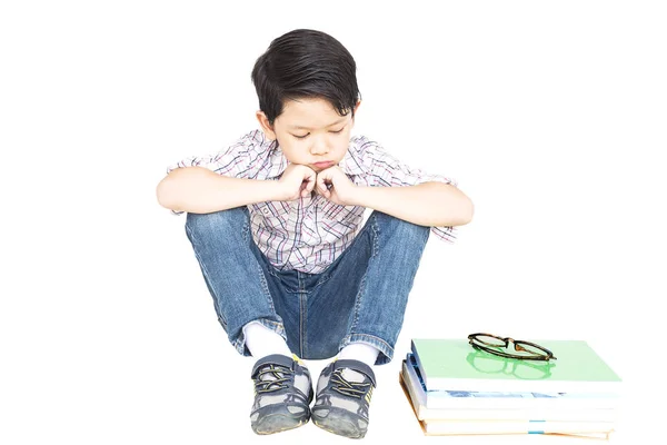 Років Азіатський Хлопчик Сумно Сидить Книги — стокове фото
