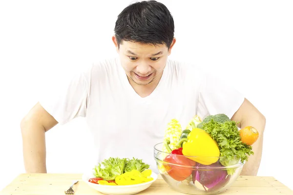 Asian Man Showing Dislike Expression Fresh Colorful Vegetables Isolated White — Stock Photo, Image