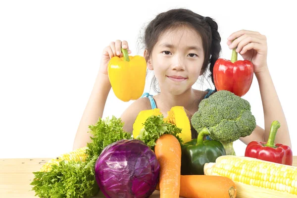 Asian Lovely Girl Showing Enjoy Expression Fresh Colorful Vegetables Isolated — Stock Photo, Image