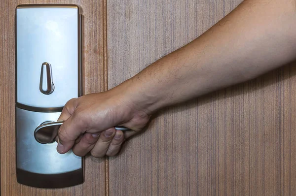 Door Lock Wooden Door Opening Hand — Stock Photo, Image