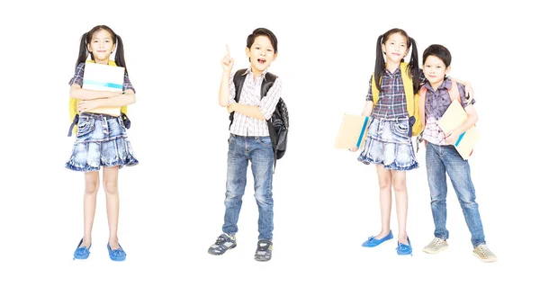 歳アジア学校の女の子と男の子立って押し白で分離された本のコラージュ写真 — ストック写真