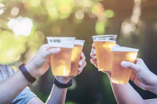 Celebrazione Birra Applausi Concetto Chiudere Mani Tenendo Bicchieri Birra Gruppo — Foto Stock