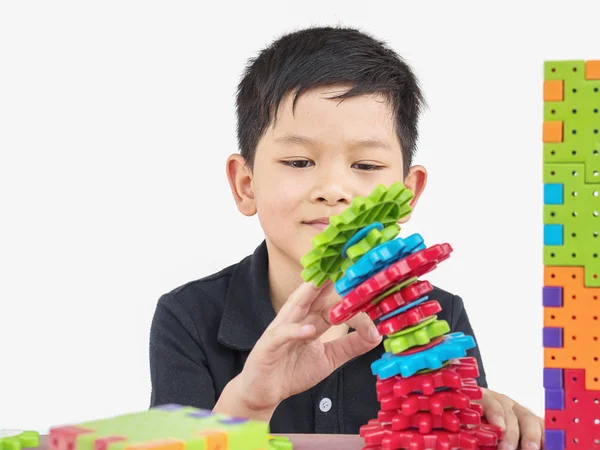 Bambini Asiatici Stanno Giocando Puzzle Blocco Plastica Gioco Creativo Praticare — Foto Stock