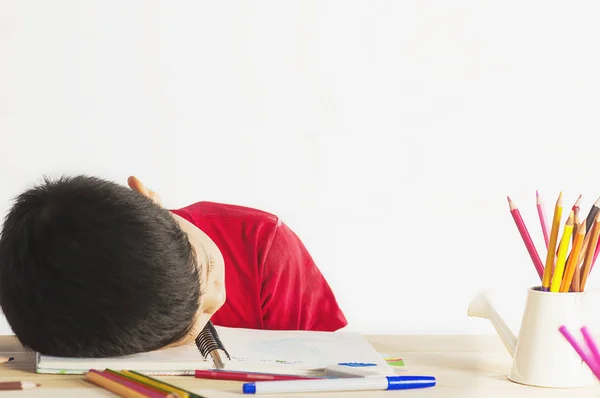 Asiatico Bambino Dormire Mentre Fare Compiti — Foto Stock