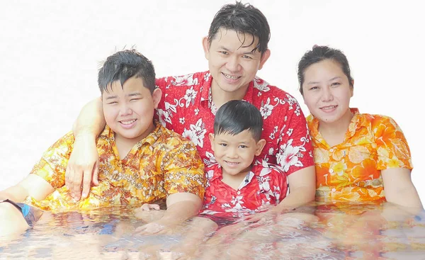 Family Four Playing Water Songkran Festival Traditional Thai New Year — Stock Photo, Image