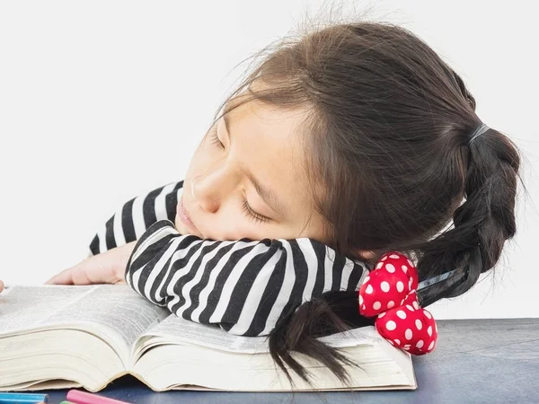 Asiatico Bambino Dormire Mentre Lettura Grande Libro — Foto Stock