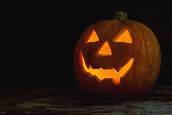 Halloween Abóbora Cabeça Jack Lanterna Fundo Madeira — Fotografia de Stock