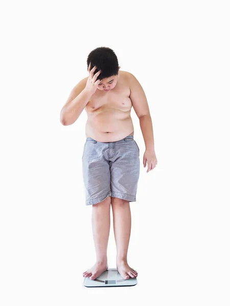 Kövér Fiú Lágy Fókusz Csalódást Kövérség Állva Gép Súlya Alatt — Stock Fotó