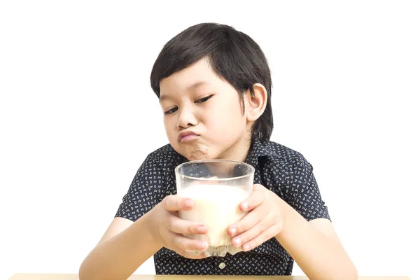 Asiático Chico Mostrando Disgusta Expresión Beber Leche Sobre Blanco Fondo — Foto de Stock