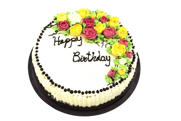 白い背景に分離されたバラと誕生日ケーキ — ストック写真
