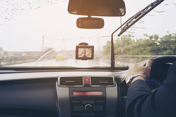 Business Man Driving Car Raining Day Moving Wiper Blades — Stock Photo, Image