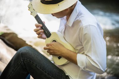 Adam oyun ukulele yeni şelale - yaşam tarzı doğa kavramı içinde insanlar ve müzik aleti 