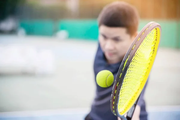 Man Holding Racket Hit Ball Tennis Court People Tennis Game — Stock Photo, Image