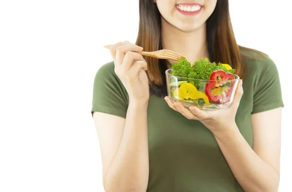 Happy Lady Enjoy Eating Vegetable Salad White Copy Space Background — Stock Photo, Image